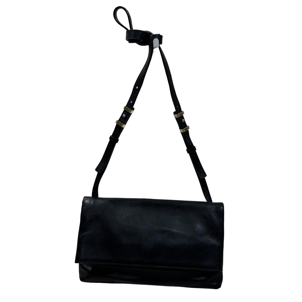 Halogen Nordstrom Black Genuine Leather Foldover Crossbody Bag Gold Hardware